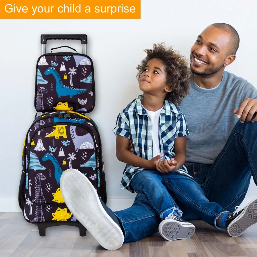 3PCS Kids Rolling Backpack, Boys Roller Wheels Bookbag, Wheeled School Bag with Lunch Bag - Dinosaur