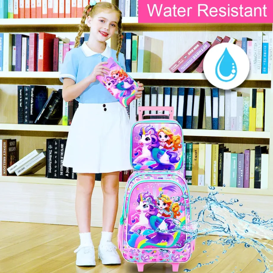 4PCS Rolling Bookbag for Girls, Cute Kids Mermaid Wheeled Backpack，Unicorn Roller School Bag with Wheels for Elementary Preschoo
