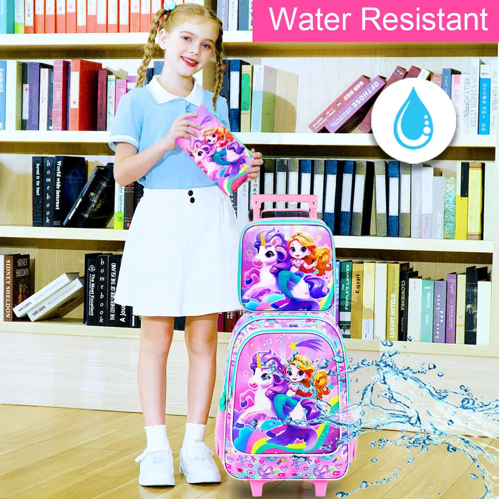 4PCS Rolling Bookbag for Girls, Cute Kids Mermaid Wheeled Backpack,Unicorn Roller School Bag with Wheels for Elementary Preschoo