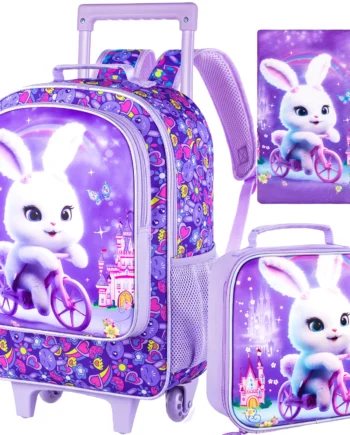 3PCS Rolling Backpack for Girls and Boys, Kids Roller Wheels Bookbag, Wheeled Elementary School Bag with Lunch Bag