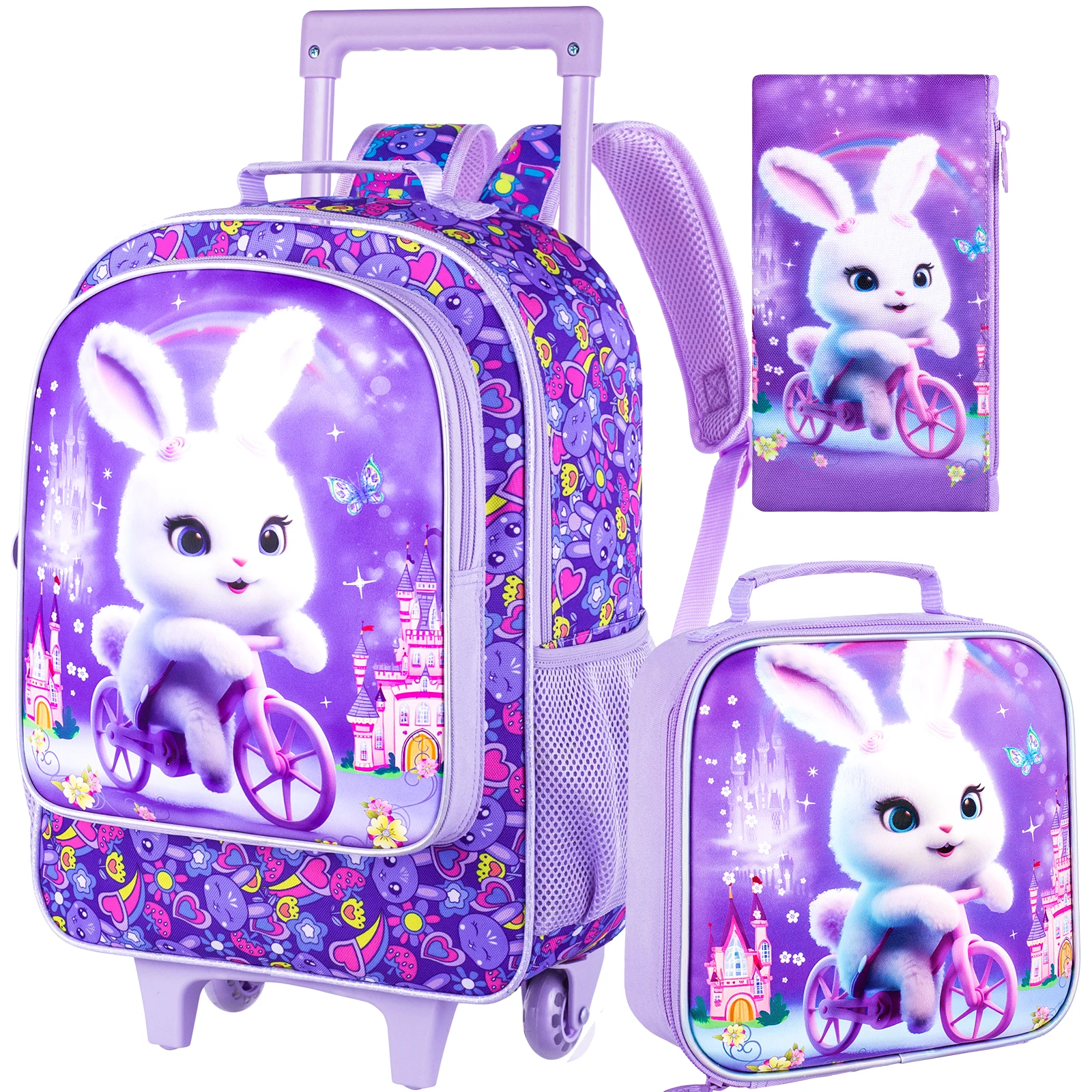 3PCS Rolling Backpack for Girls and Boys, Kids Roller Wheels Bookbag, Wheeled Elementary School Bag with Lunch Bag