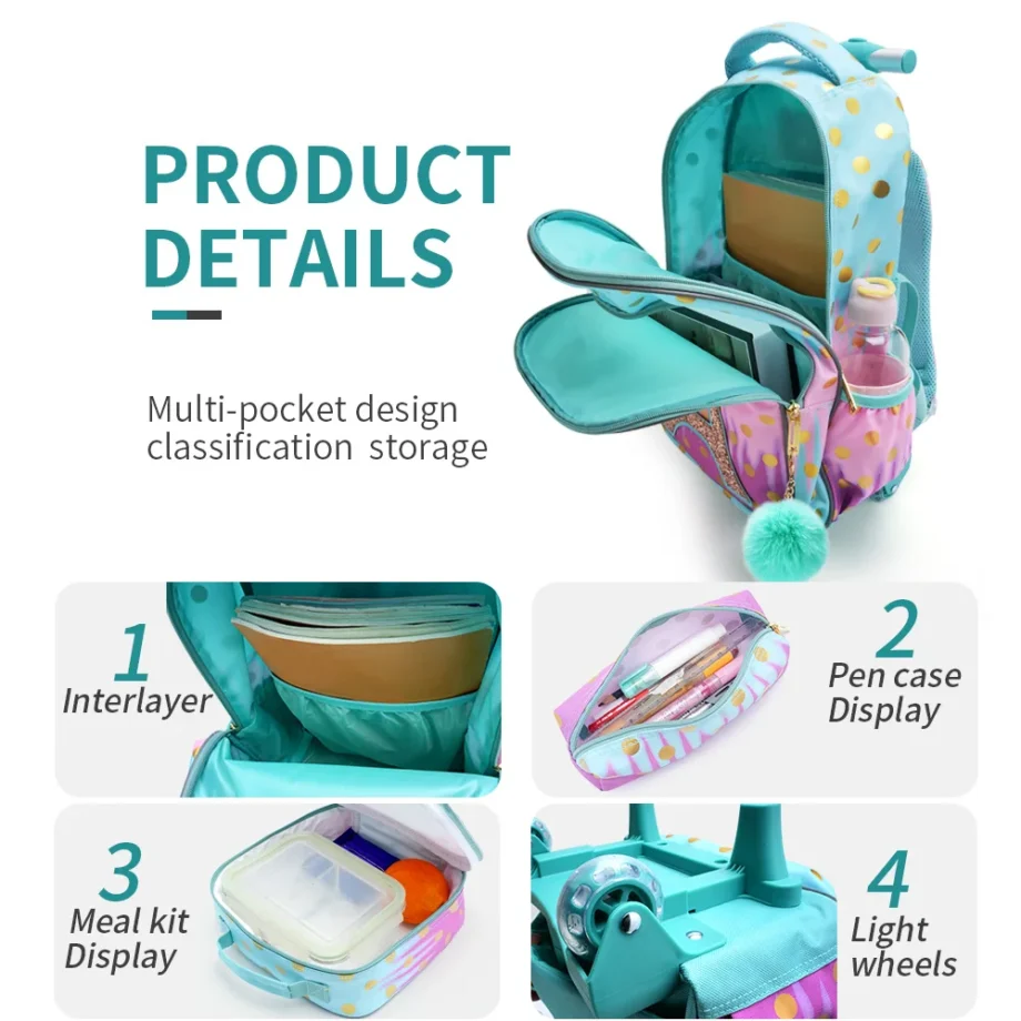 3PCS Rolling Backpack for Girls Kids Wheeled School BookBag With Lunch And Pen Bag Iron tower Pink Glow-in-the-dark Function