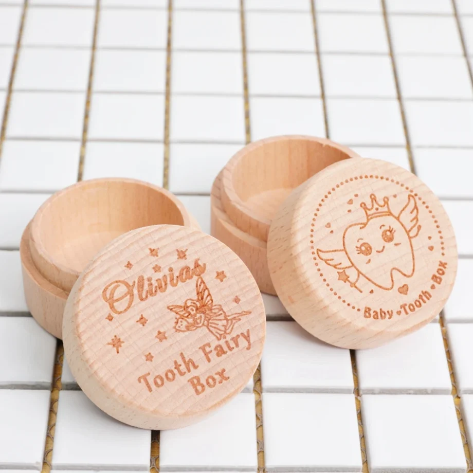 Personalized Baby Tooth Keepsake Box Wooden Tooth Fairy Box First Teeth Fairy Holder Storage for Boys and Girls Christening Gift