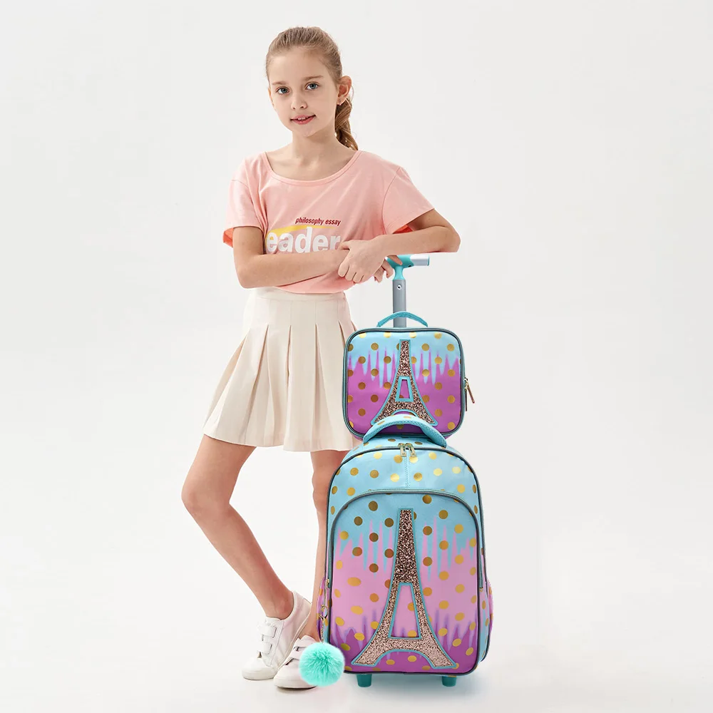 3PCS Rolling Backpack for Girls Kids Wheeled School BookBag With Lunch And Pen Bag Iron tower Pink Glow-in-the-dark Function
