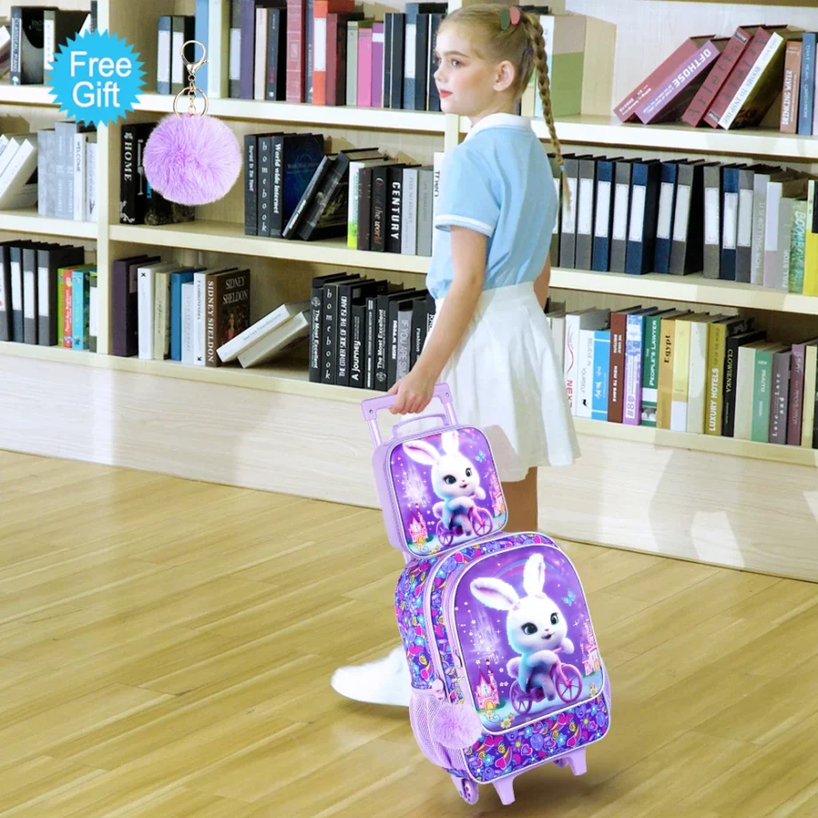 3PCS Rolling Backpack for Girls and Boys, Kids Roller Wheels Bookbag, Wheeled Elementary School Bag with Lunch Bag