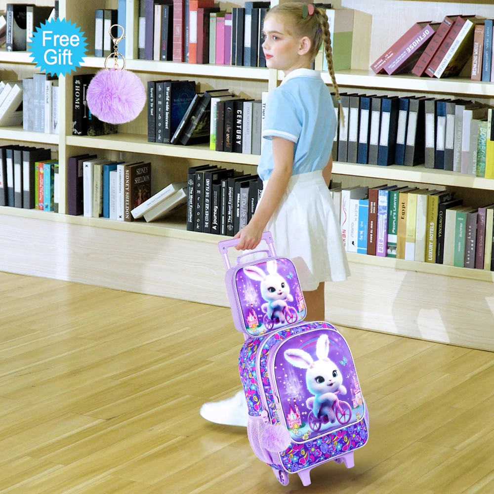 3PCS Rolling Backpack for Girls and Boys, Kids Roller Wheels Bookbag, Wheeled Elementary School Bag with Lunch Bag