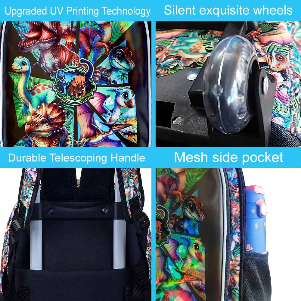 3PCS Rolling Backpack for Girls and Boys, Kids Roller Wheels Bookbag, Wheeled Elementary School Bag with Lunch Bag