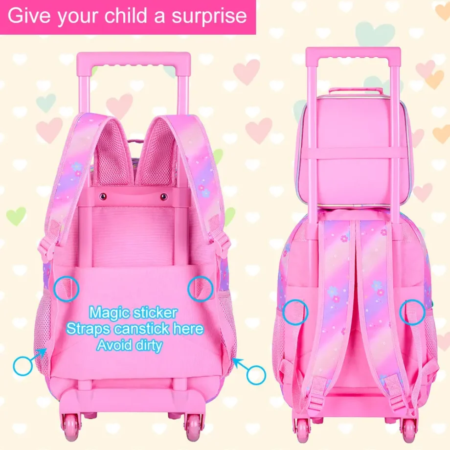 3PCS Kids Rolling Backpack, Girls Roller Wheels Bookbag, Wheeled Elementary School Bag with Lunch Bag-Princess