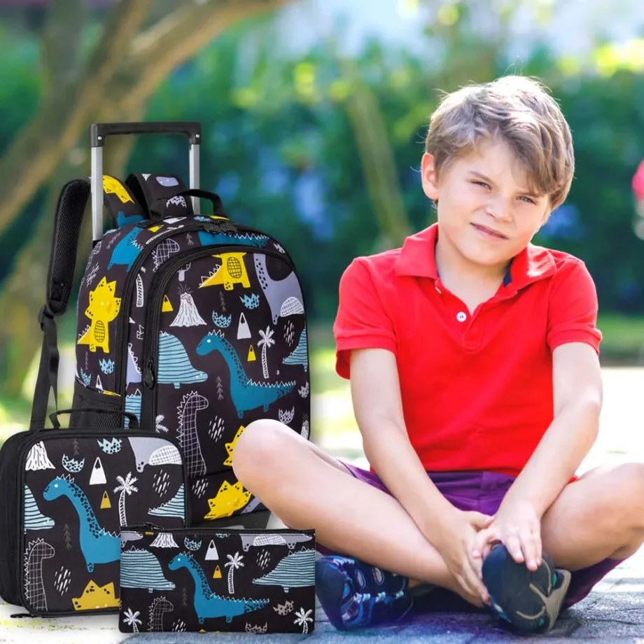 3PCS Kids Rolling Backpack, Boys Roller Wheels Bookbag, Wheeled School Bag with Lunch Bag - Dinosaur