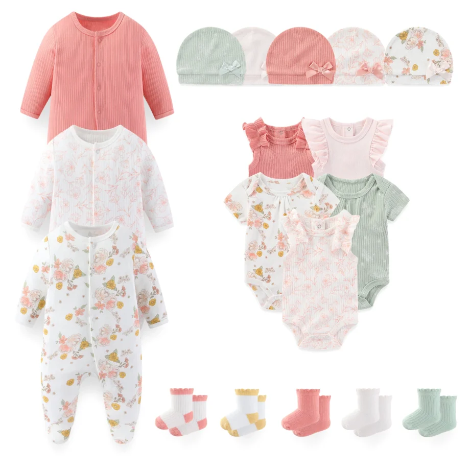 18-Piece Cute Baby Clothing Set 0-12 Months Newborn Bodysuits+Rompers+Hats+Socks Suit Four Seasons Infant Boy Girl Outfits