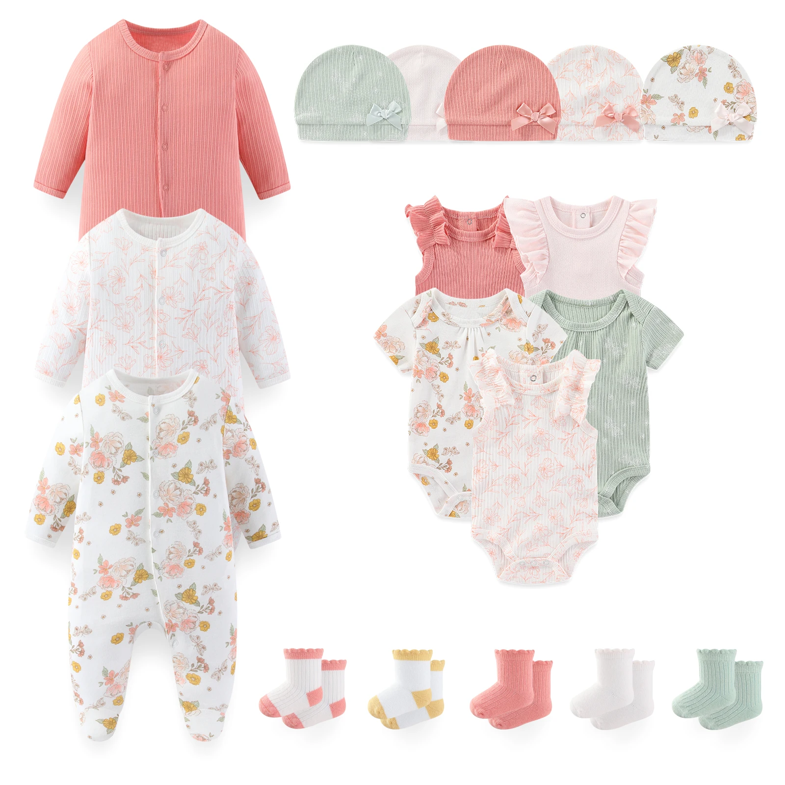 18-Piece Cute Baby Clothing Set 0-12 Months Newborn Bodysuits+Rompers+Hats+Socks Suit Four Seasons Infant Boy Girl Outfits