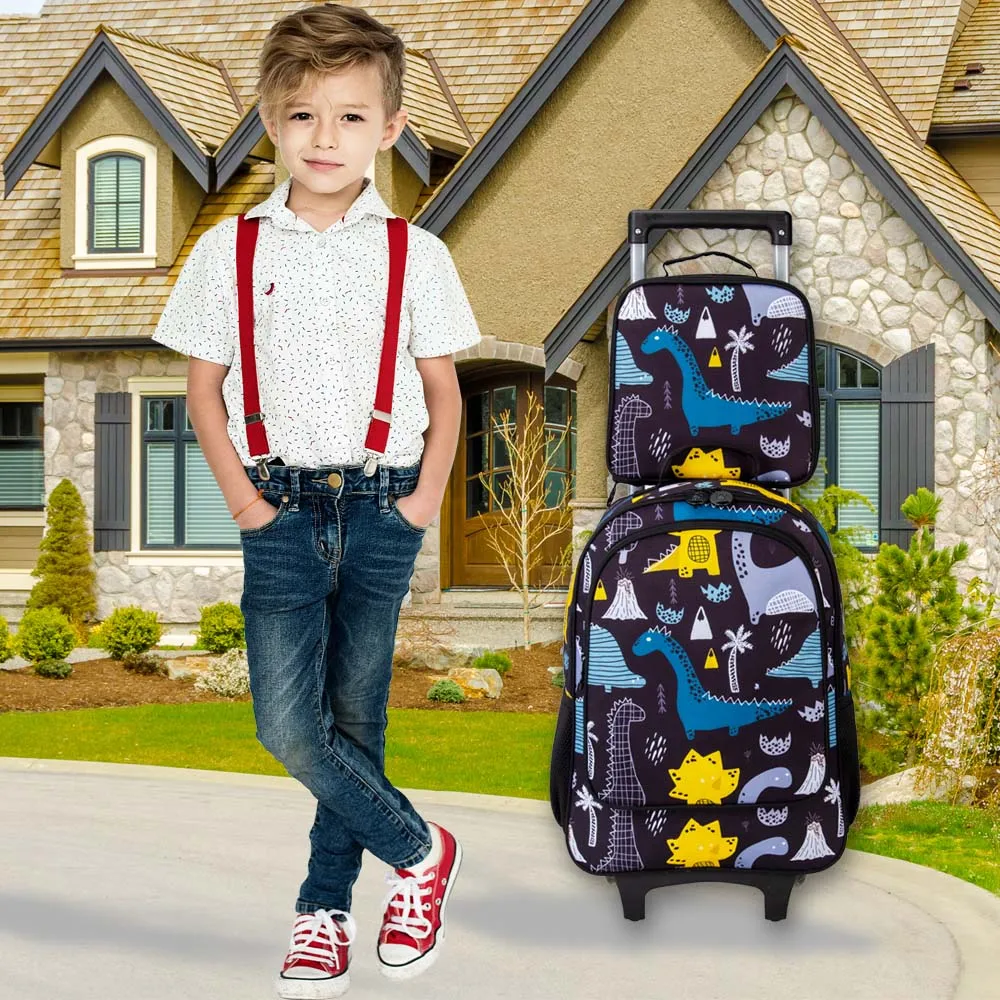 3PCS Kids Rolling Backpack, Boys Roller Wheels Bookbag, Wheeled School Bag with Lunch Bag - Dinosaur