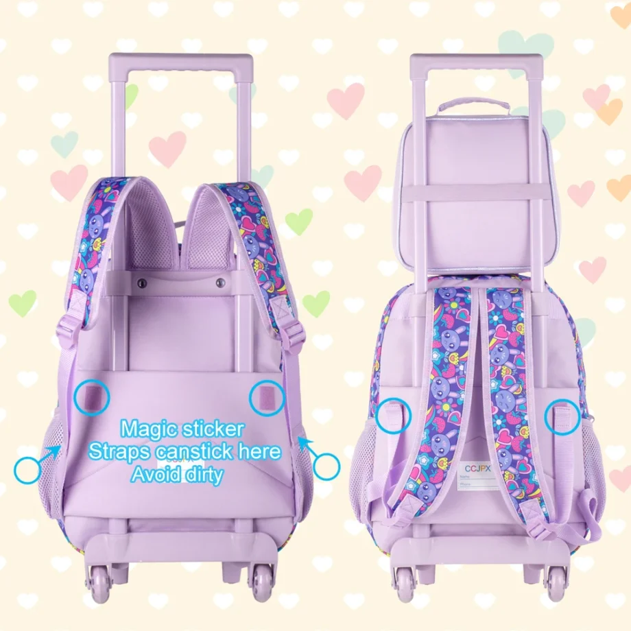 3PCS Rolling Backpack for Girls and Boys, Kids Roller Wheels Bookbag, Wheeled Elementary School Bag with Lunch Bag
