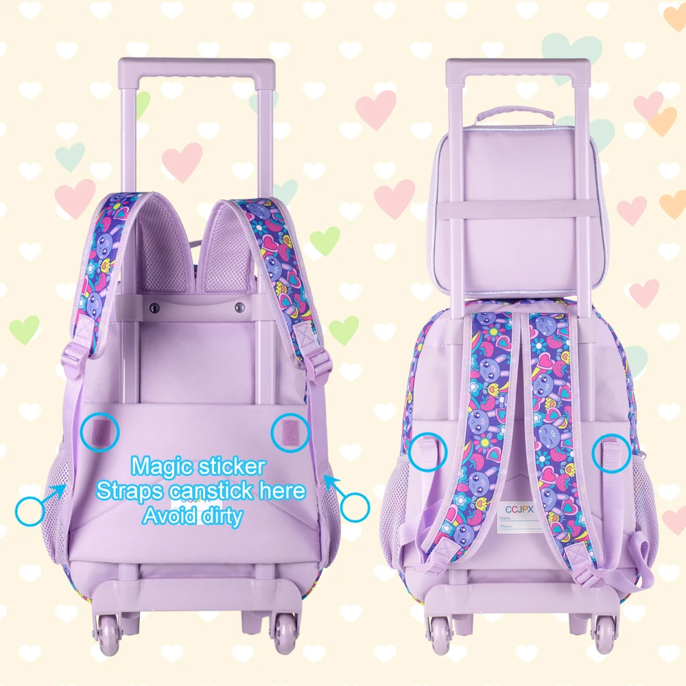 3PCS Rolling Backpack for Girls and Boys, Kids Roller Wheels Bookbag, Wheeled Elementary School Bag with Lunch Bag