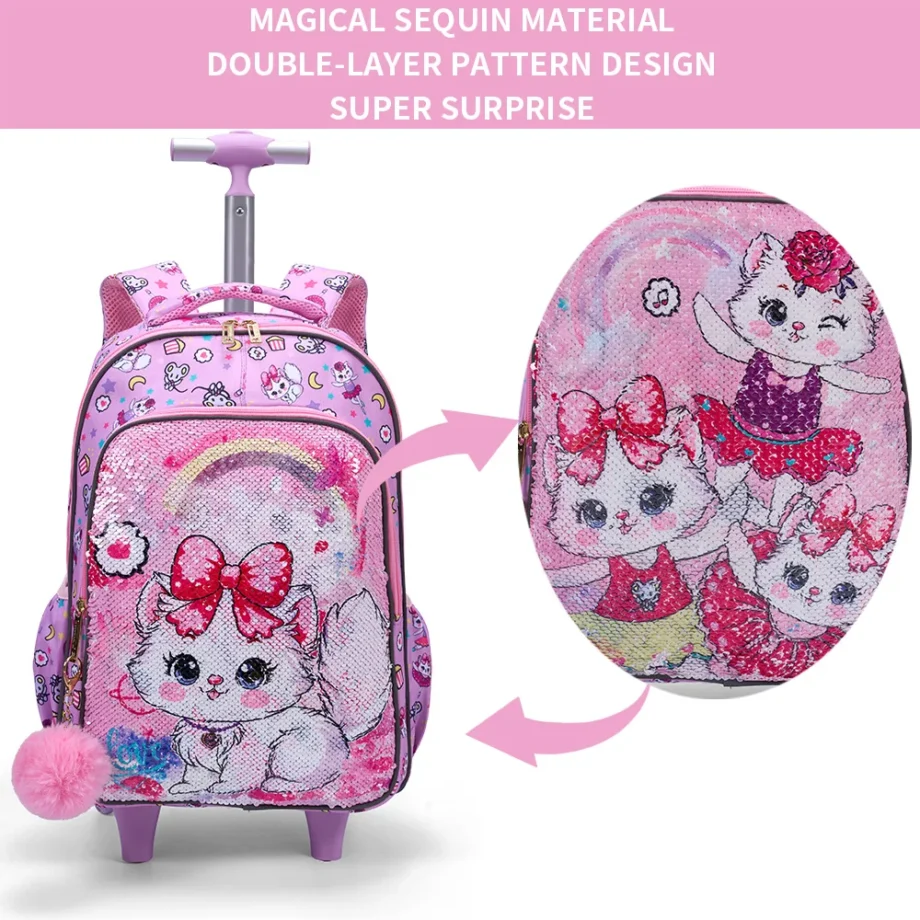 3PCS Set Rolling Backpack For Girls, Cute Cartoon Cat Sequin Design Wheeled Bags With Lunch Box And Pen Bag-Pink Red