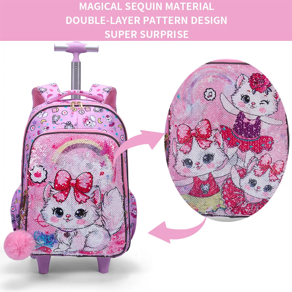 3PCS Set Rolling Backpack For Girls, Cute Cartoon Cat Sequin Design Wheeled Bags With Lunch Box And Pen Bag-Pink Red