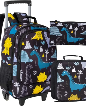 3PCS Kids Rolling Backpack, Boys Roller Wheels Bookbag, Wheeled School Bag with Lunch Bag - Dinosaur