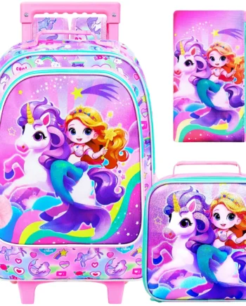 4PCS Rolling Bookbag for Girls, Cute Kids Mermaid Wheeled Backpack,Unicorn Roller School Bag with Wheels for Elementary Preschoo
