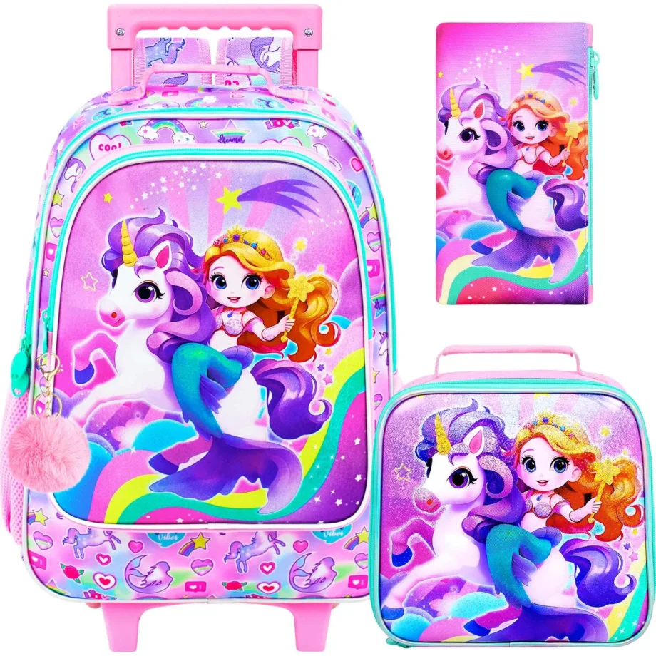 4PCS Rolling Bookbag for Girls, Cute Kids Mermaid Wheeled Backpack，Unicorn Roller School Bag with Wheels for Elementary Preschoo
