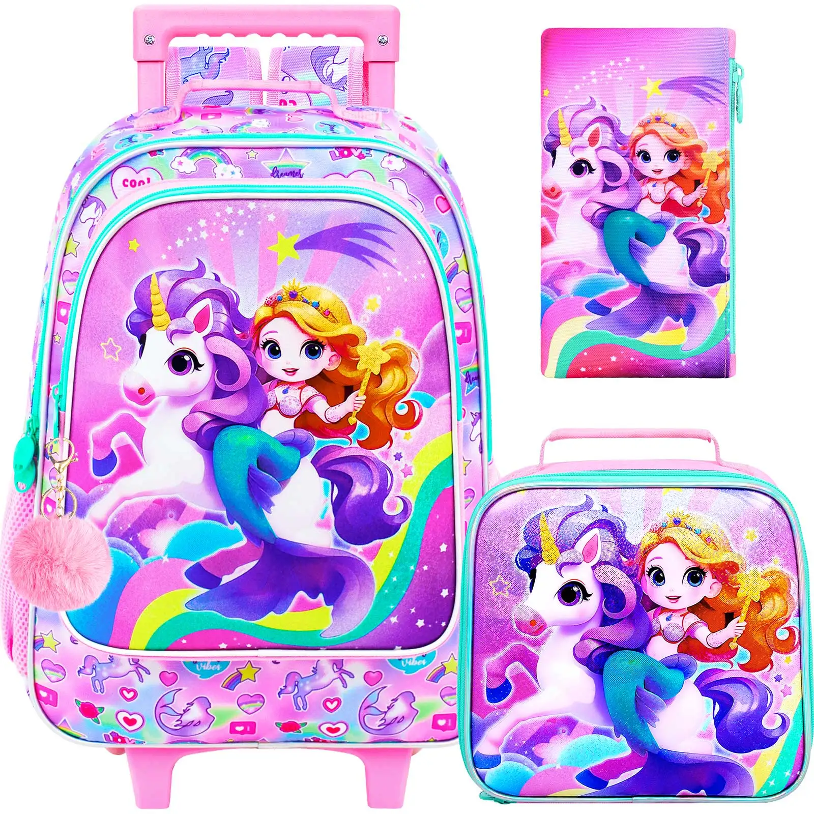 4PCS Rolling Bookbag for Girls, Cute Kids Mermaid Wheeled Backpack,Unicorn Roller School Bag with Wheels for Elementary Preschoo