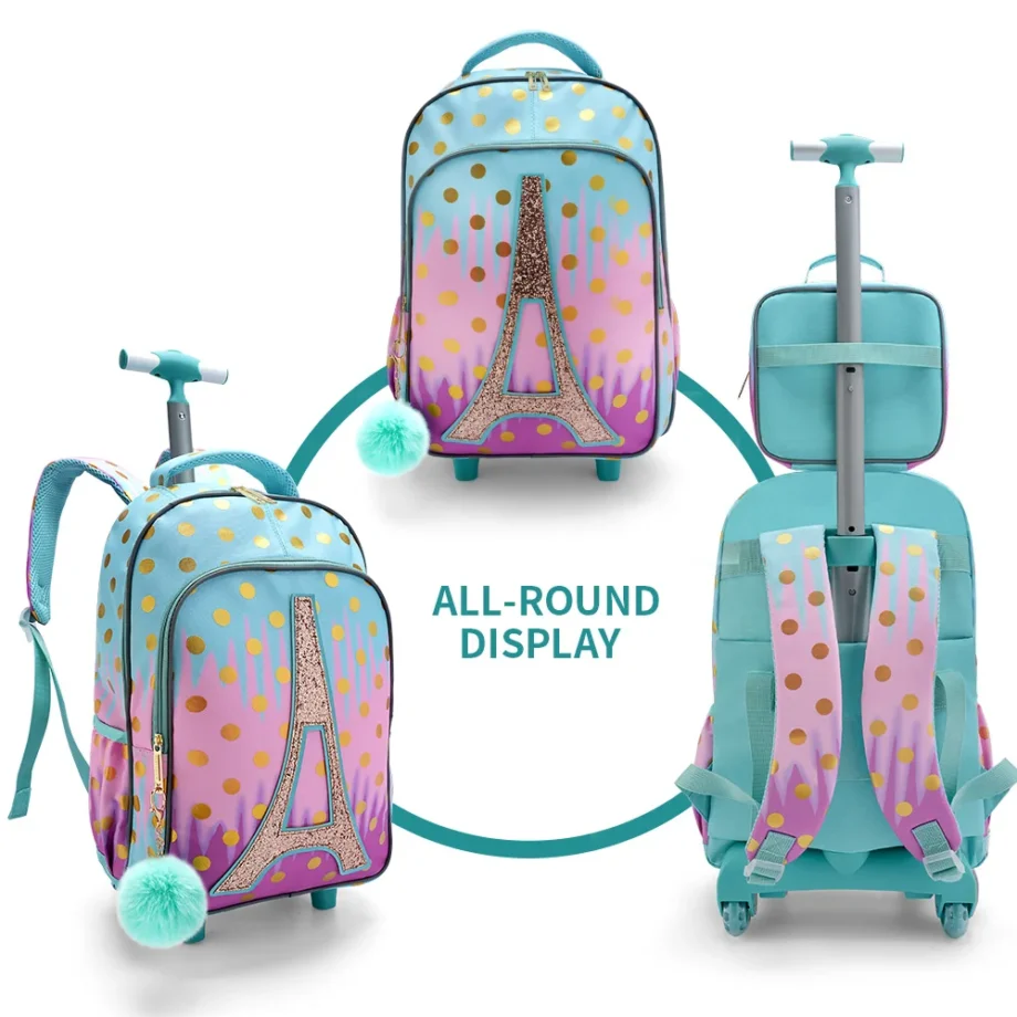 3PCS Rolling Backpack for Girls Kids Wheeled School BookBag With Lunch And Pen Bag Iron tower Pink Glow-in-the-dark Function