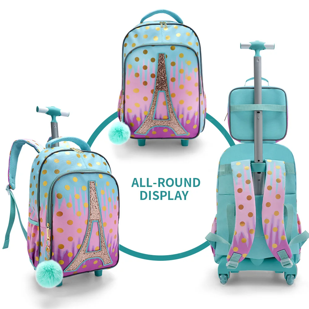 3PCS Rolling Backpack for Girls Kids Wheeled School BookBag With Lunch And Pen Bag Iron tower Pink Glow-in-the-dark Function