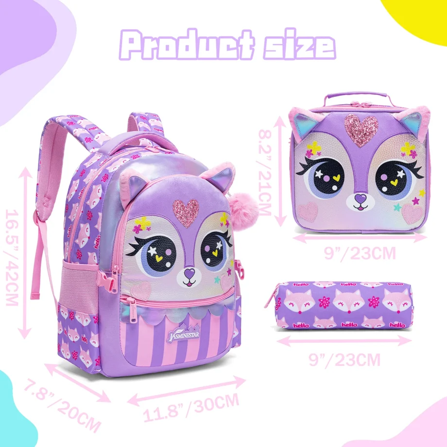3PCS Kids Backpacks for Girls School Bag Cute Girls Backpacks Ages 8-10 with Lunch Box Pencil Case Bookbag Set
