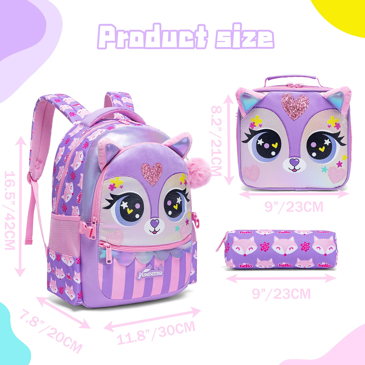 3PCS Kids Backpacks for Girls School Bag Cute Girls Backpacks Ages 8-10 with Lunch Box Pencil Case Bookbag Set