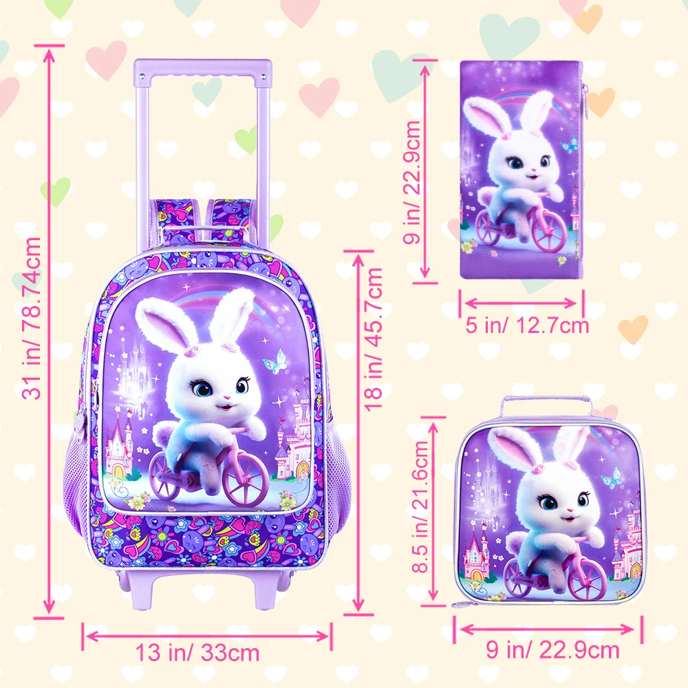 3PCS Rolling Backpack for Girls and Boys, Kids Roller Wheels Bookbag, Wheeled Elementary School Bag with Lunch Bag