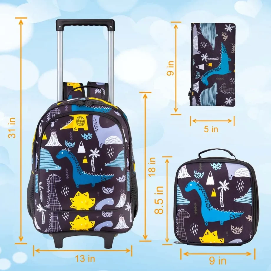 3PCS Kids Rolling Backpack, Boys Roller Wheels Bookbag, Wheeled School Bag with Lunch Bag - Dinosaur