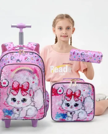 3PCS Set Rolling Backpack For Girls, Cute Cartoon Cat Sequin Design Wheeled Bags With Lunch Box And Pen Bag-Pink Red