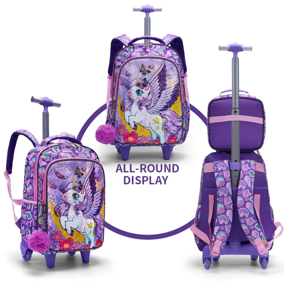3PCS Set Rolling Backpack For Girls, Cute Cartoon Moon Unicorn Sequin Design Wheeled Bags With Lunch Box And Pen Bag-Purple