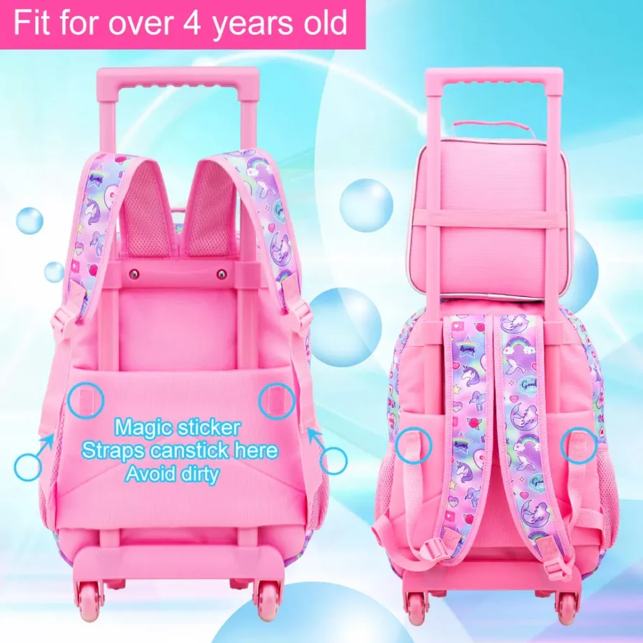 4PCS Rolling Bookbag for Girls, Cute Kids Mermaid Wheeled Backpack，Unicorn Roller School Bag with Wheels for Elementary Preschoo