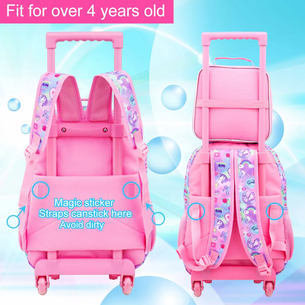 4PCS Rolling Bookbag for Girls, Cute Kids Mermaid Wheeled Backpack,Unicorn Roller School Bag with Wheels for Elementary Preschoo