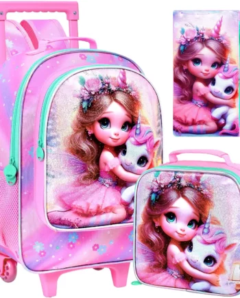 3PCS Kids Rolling Backpack, Girls Roller Wheels Bookbag, Wheeled Elementary School Bag with Lunch Bag-Princess