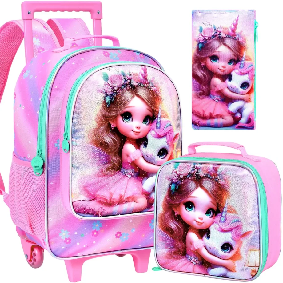 3PCS Kids Rolling Backpack, Girls Roller Wheels Bookbag, Wheeled Elementary School Bag with Lunch Bag-Princess