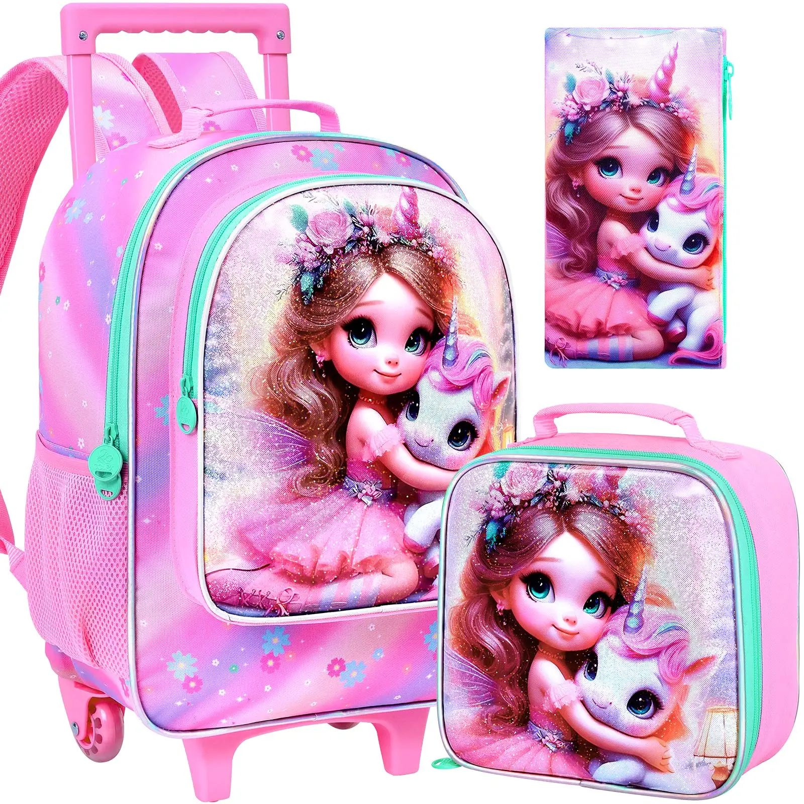 3PCS Kids Rolling Backpack, Girls Roller Wheels Bookbag, Wheeled Elementary School Bag with Lunch Bag-Princess