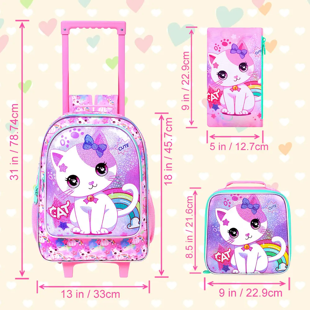 3PCS Kids Rolling Backpack, Girls Roller Wheels Bookbag, Wheeled Elementary School Bag with Lunch Bag - White Cat