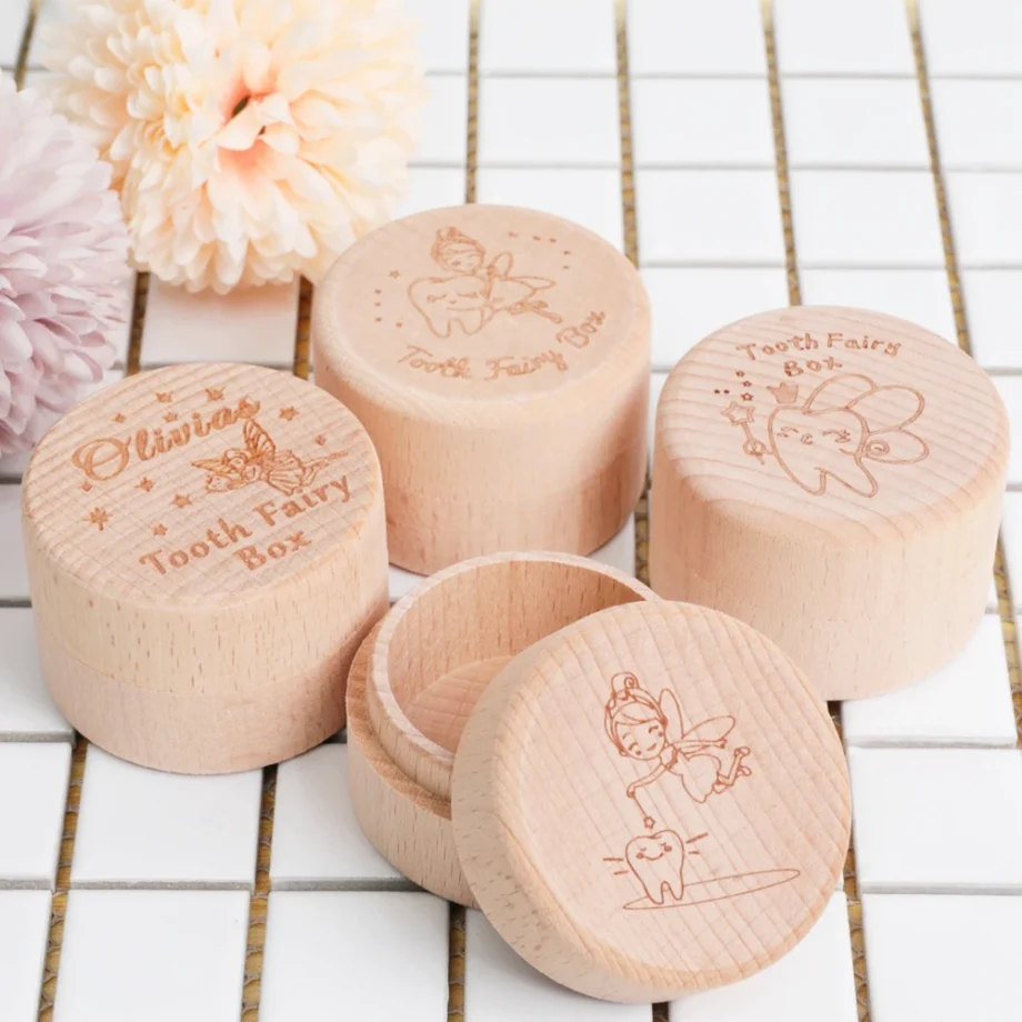 Personalized Baby Tooth Keepsake Box Wooden Tooth Fairy Box First Teeth Fairy Holder Storage for Boys and Girls Christening Gift