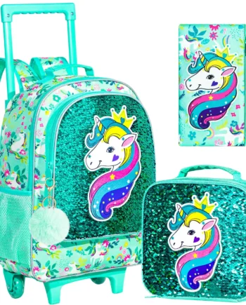 3PCS Rolling Backpack for Girls Boys, Kids Roller Wheels Bookbag, Wheeled School Bag with Lunch Bag