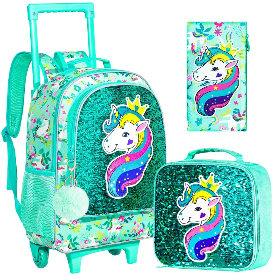 3PCS Rolling Backpack for Girls Boys, Kids Roller Wheels Bookbag, Wheeled School Bag with Lunch Bag