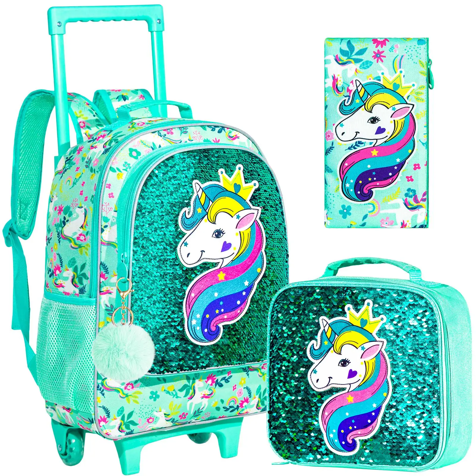 3PCS Rolling Backpack for Girls Boys, Kids Roller Wheels Bookbag, Wheeled School Bag with Lunch Bag