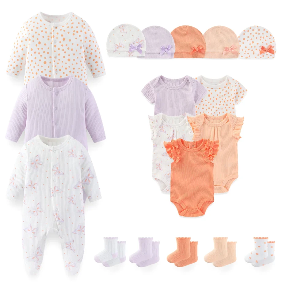 18-Piece Cute Baby Clothing Set 0-12 Months Newborn Bodysuits+Rompers+Hats+Socks Suit Four Seasons Infant Boy Girl Outfits