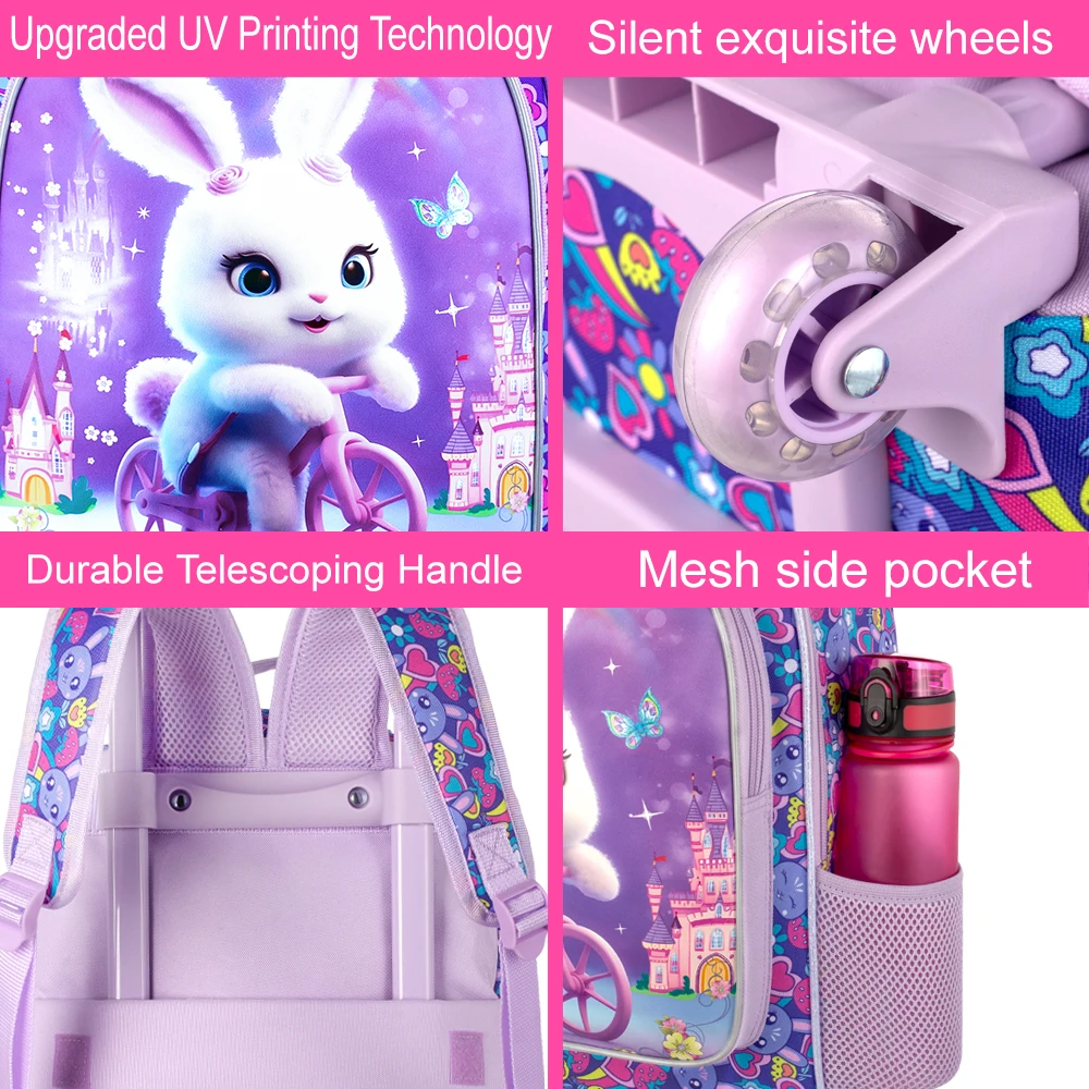 3PCS Rolling Backpack for Girls and Boys, Kids Roller Wheels Bookbag, Wheeled Elementary School Bag with Lunch Bag