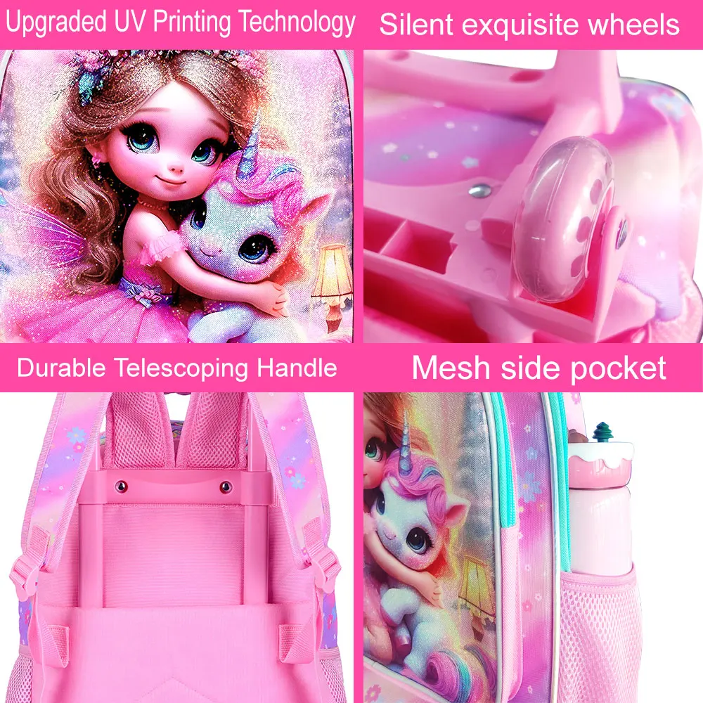 3PCS Kids Rolling Backpack, Girls Roller Wheels Bookbag, Wheeled Elementary School Bag with Lunch Bag-Princess