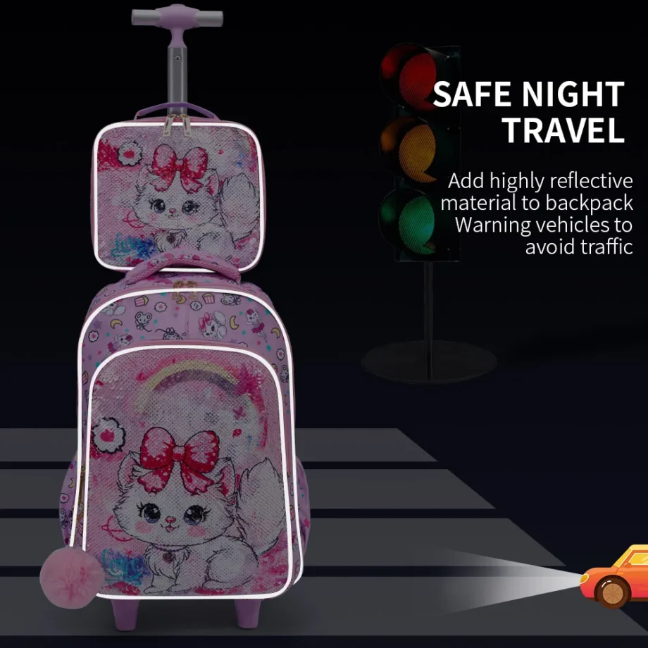 3PCS Set Rolling Backpack For Girls, Cute Cartoon Cat Sequin Design Wheeled Bags With Lunch Box And Pen Bag-Pink Red