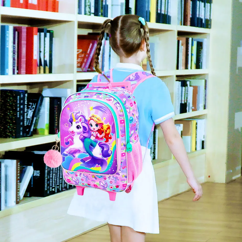 4PCS Rolling Bookbag for Girls, Cute Kids Mermaid Wheeled Backpack,Unicorn Roller School Bag with Wheels for Elementary Preschoo