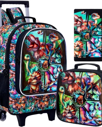 3PCS Rolling Backpack for Girls and Boys, Kids Roller Wheels Bookbag, Wheeled Elementary School Bag with Lunch Bag