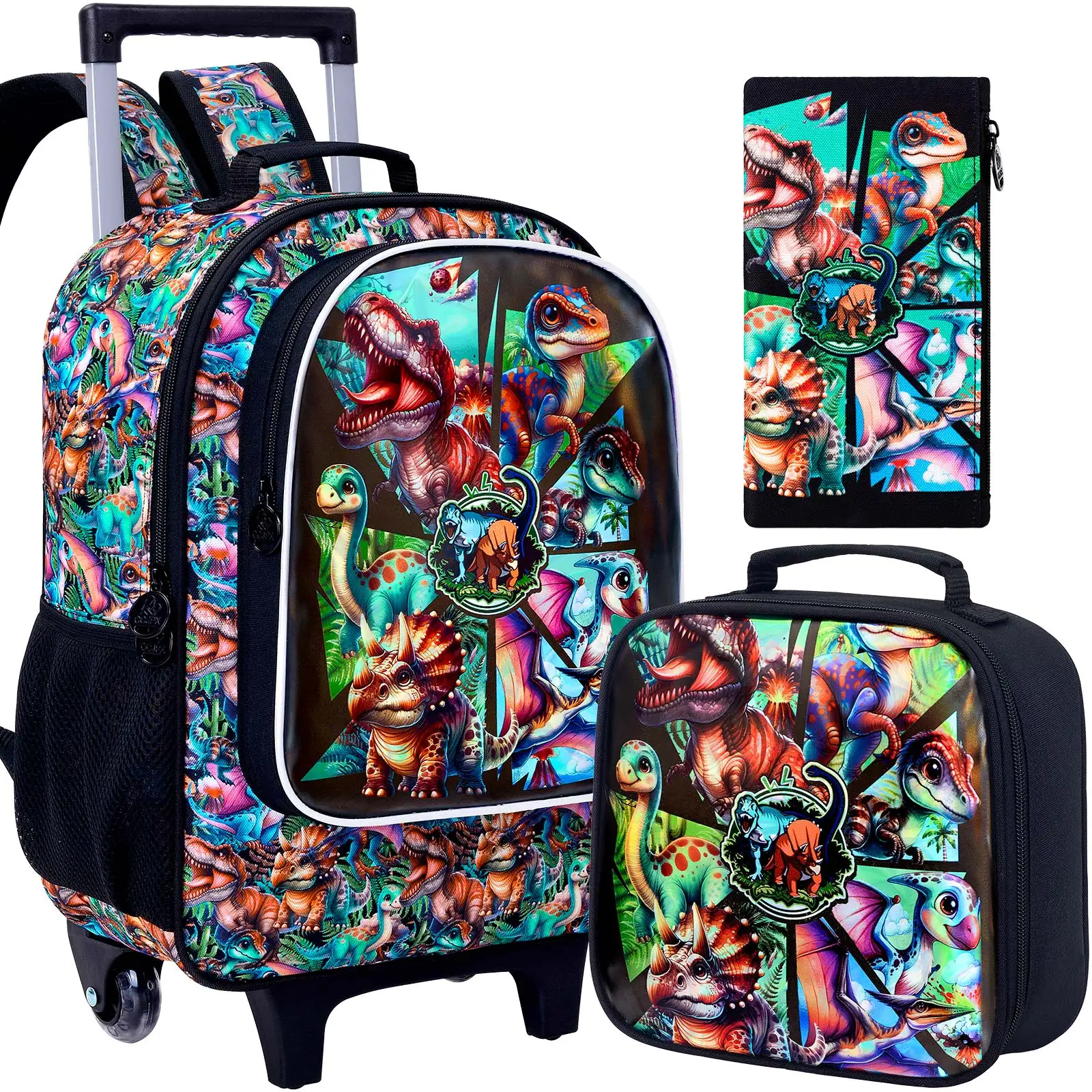 3PCS Rolling Backpack for Girls and Boys, Kids Roller Wheels Bookbag, Wheeled Elementary School Bag with Lunch Bag