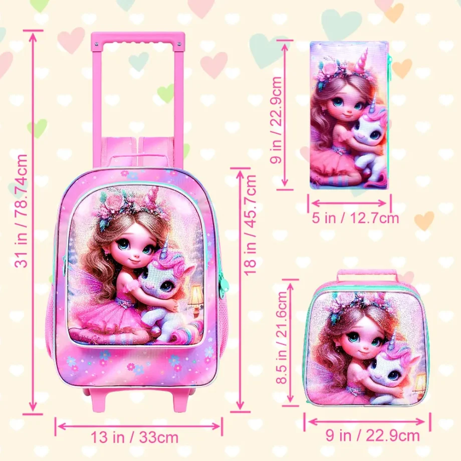 3PCS Kids Rolling Backpack, Girls Roller Wheels Bookbag, Wheeled Elementary School Bag with Lunch Bag-Princess